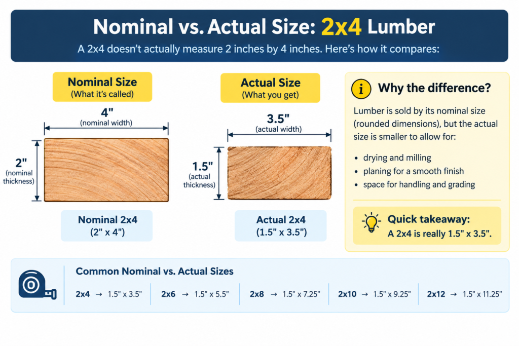 Cross-section diagram comparing a nominal 2x4 outline with its actual 1.5 x 3.5 inch size